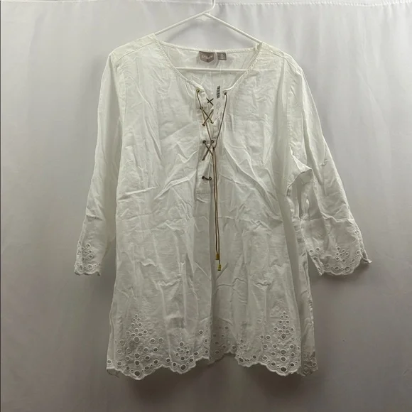 Chico’s Peasant Top 3/4 Sleeves Optic White Blouse Top Lace Up Tunic Women’s New - Picture 2 of 13